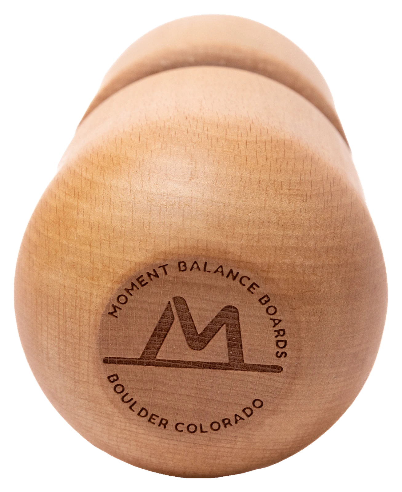 Wooden roller engraved with the Moment Balance Boards mark