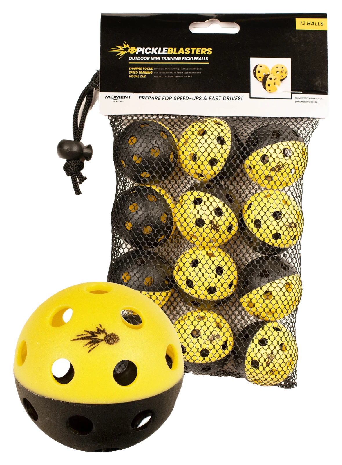 Pickleblasters two-tone mini training balls in their mesh bag